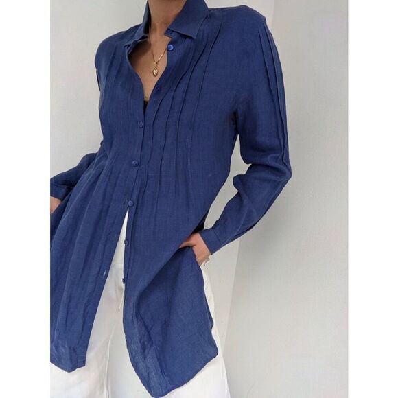 Armani Collezioni Linen Button Front‎ Tunic Sapphire Blue Size 8 - Picture 1 of 12